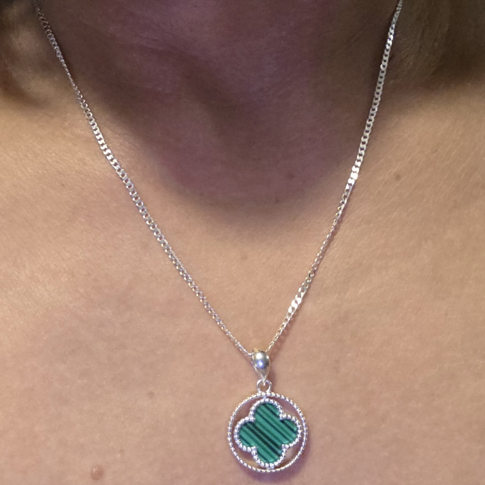 Sterling Silver 925 Italy Necklace with Green Clover Pendant